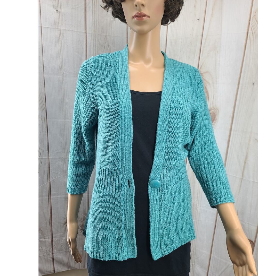 August Silk Women PS Teal Blue Open-One Button Front Knit Cardigan 3/4 Sleeves